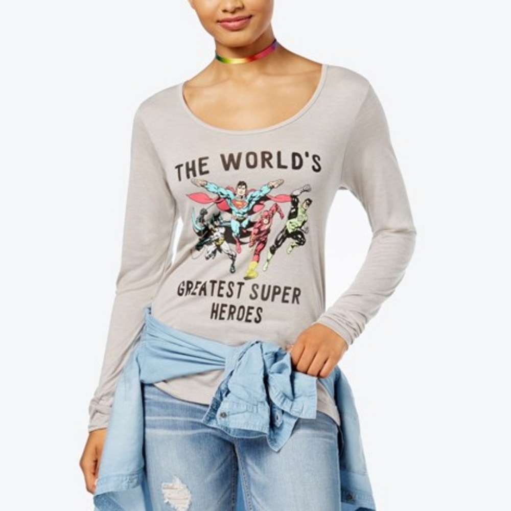 Super Heroes Long Sleeve Graphic Tee NEW Size XS Grey Comics Gift For Her